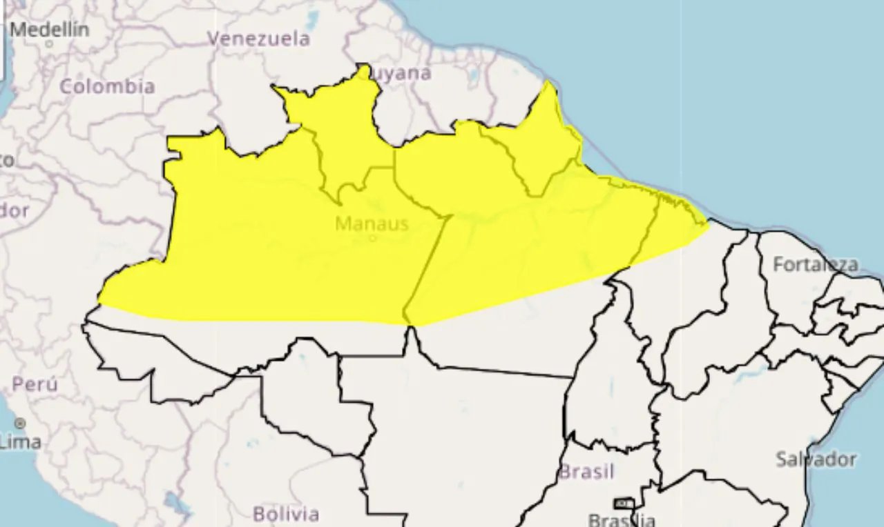 O mapa as &aacute;reas em alerta para chuva intensa e ventos fortes